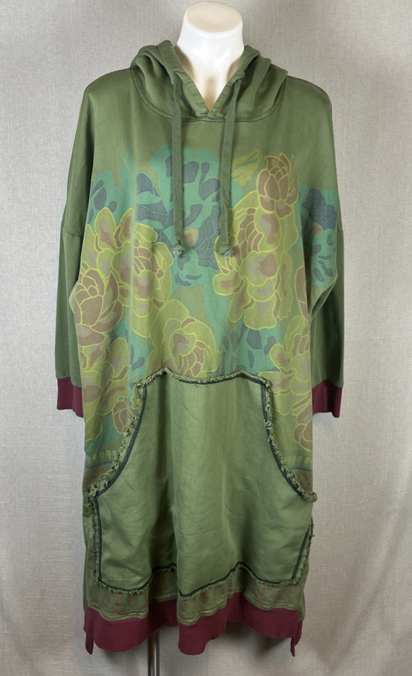 Monthorigin Hoodie Sweatshirt Dress Oversized Midi Green Burgundy Pockets Floral